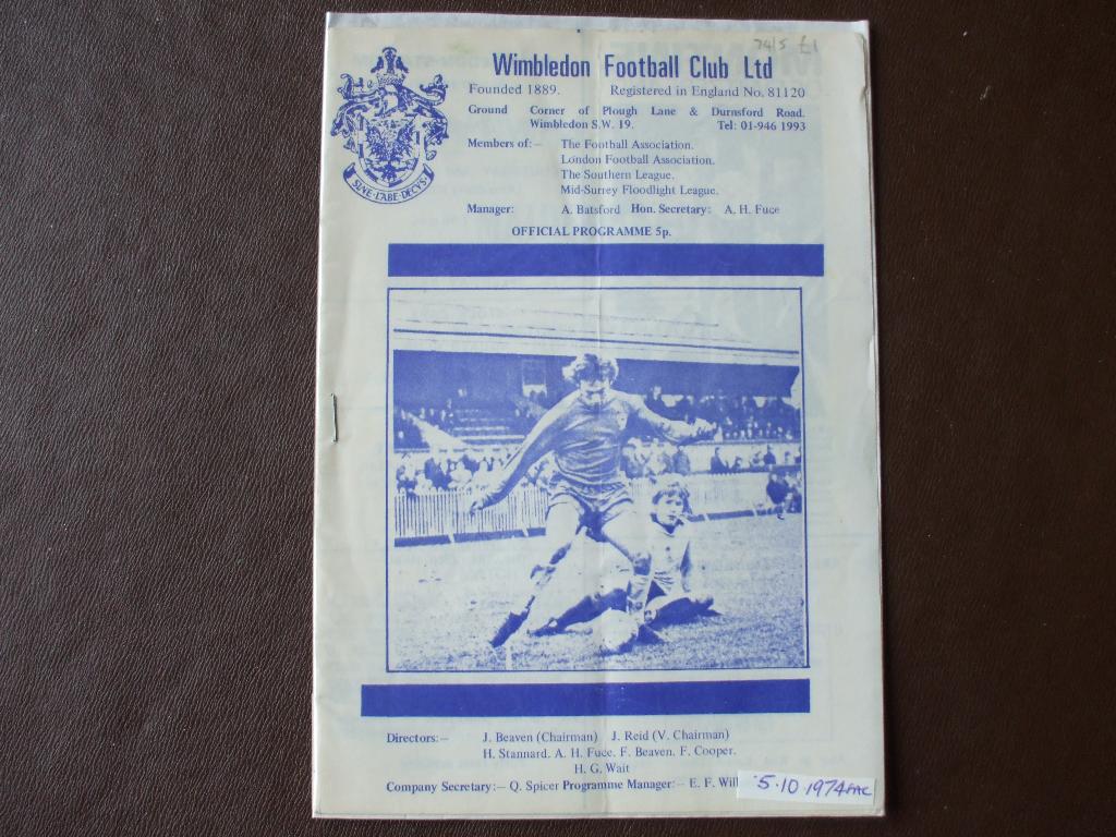WYCOMBE WANDERERS V HAYES Tues 8 Oct 1974 ISTHMIAN LEAGUE CHAMP'SH 